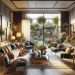 Cozy and stylish living room with up-to-date decorations and a flourishing garden visible through the window