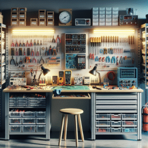 A modern, well-organized, and safe home electrical workshop with tools and electrical components visible