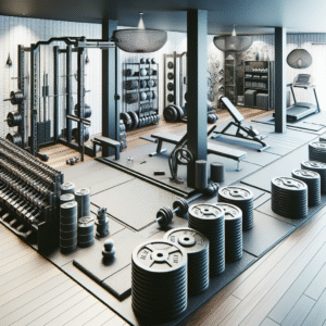 A modern, well-equipped home gym featuring a variety of weight plates, including both iron and rubber-coated options, with a focus on a clean and organized setup.