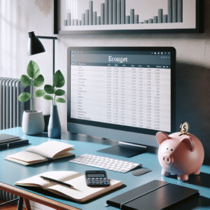 Norsk boliginteriør med økonomisk tema: en dataskjerm med budsjettark, sparegris, og notatbok på et lyst bord, stilrent og profesjonelt