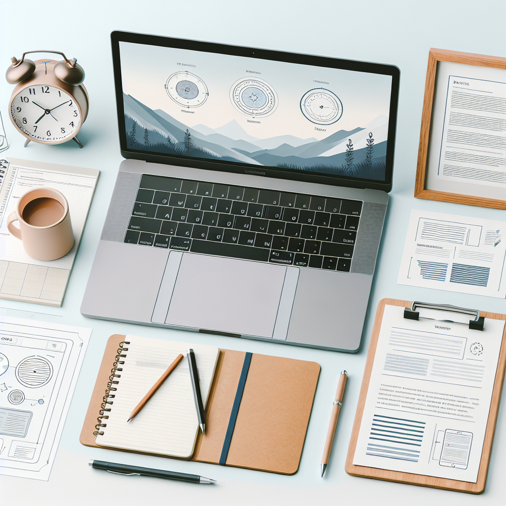 Oversiktlig skrivebord med laptop, notater og strukturmal for artikkel, nordisk, lys bakgrunn
