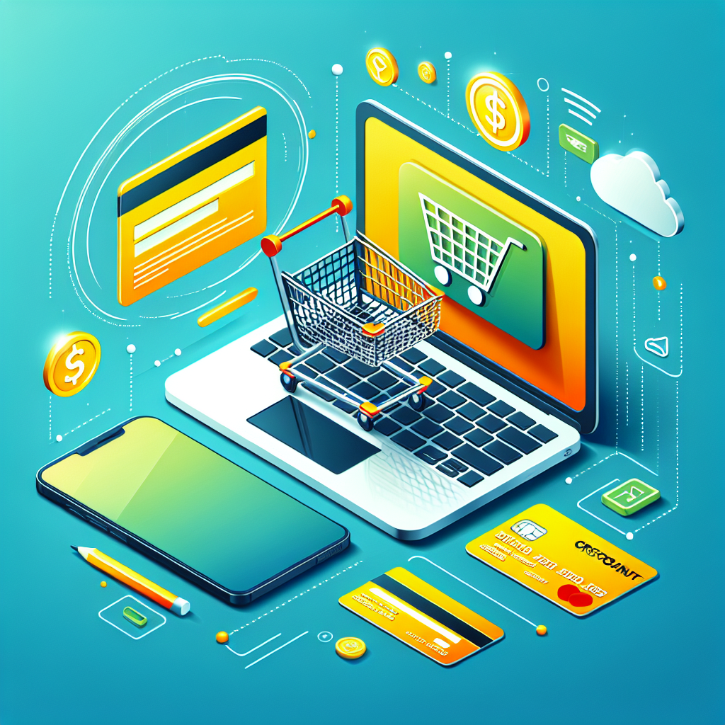 En moderne netthandel-scene: laptop med handlekurv på skjermen, rabattkupong på siden, kredittkort og telefon, lyse og tillitsvekkende farger