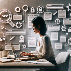 Forfatter ved laptop omgitt av notater, SEO-ikoner og små artikkelkort, moderne, lys, profesjonell stil for Artikkelkatalog