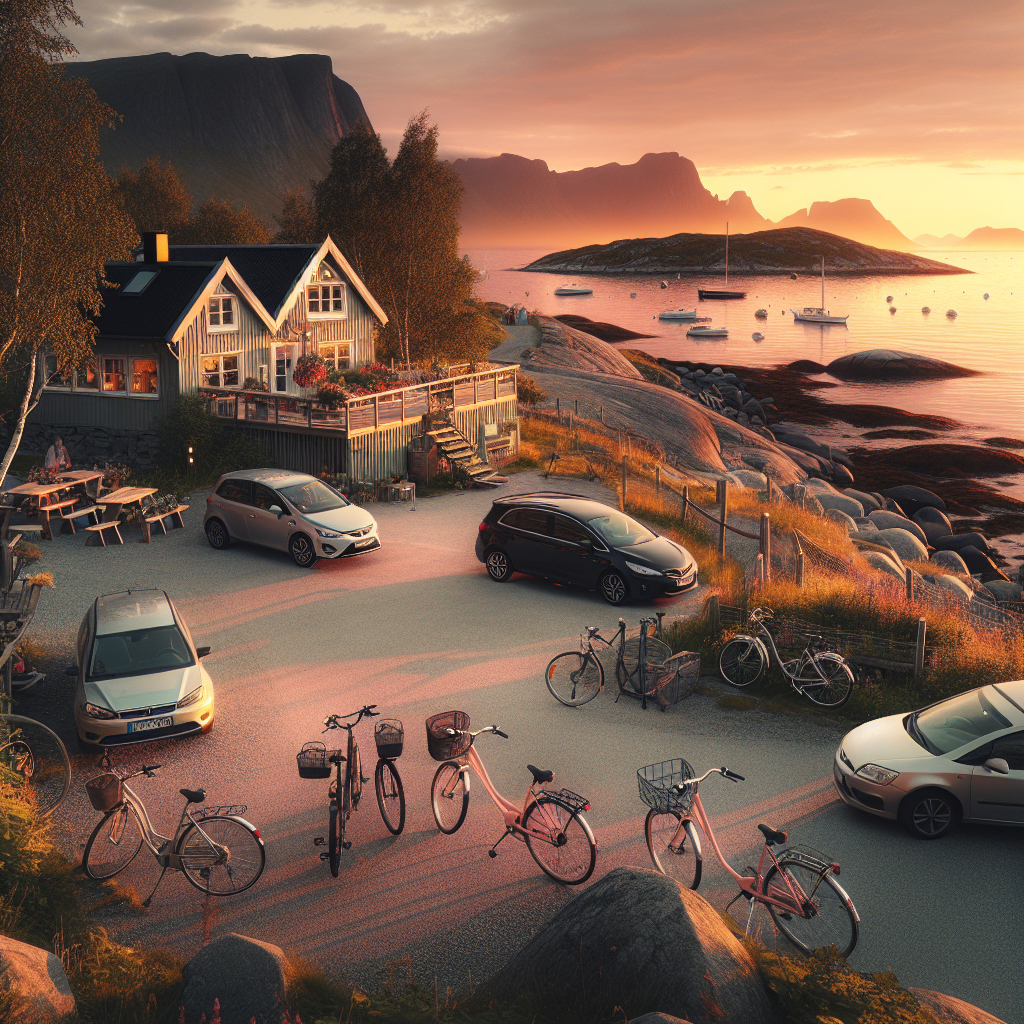 Norsk kystlandskap ved solnedgang med rolig bilparkering, sykler ved et lite gjestehus og myke farger, atmosfære av bærekraftig helgetur