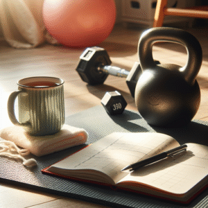 En rolig hjemme-gymscene: en matte, en kettlebell og vektskiver ved siden av en kopp te og en åpen treningsdagbok, mykt naturlig lys