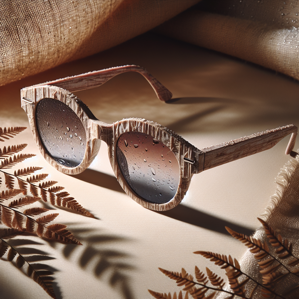 Nærbilde av stilige solbriller i resirkulert materiale på et nøytralt, naturlig bakgrunn med dugg og mykt lys, moderne bærekraftig mote-stemning